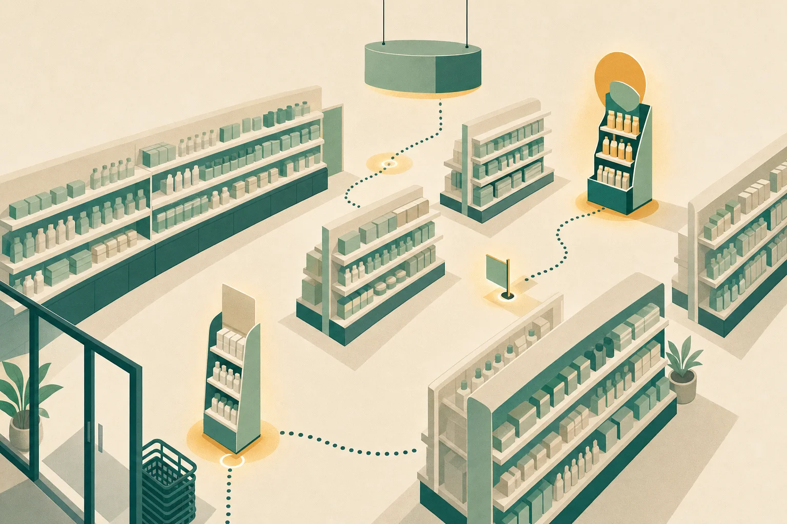 Ilustración del recorrido del comprador por la tienda con varios soportes de PLV encendidos hasta el lineal